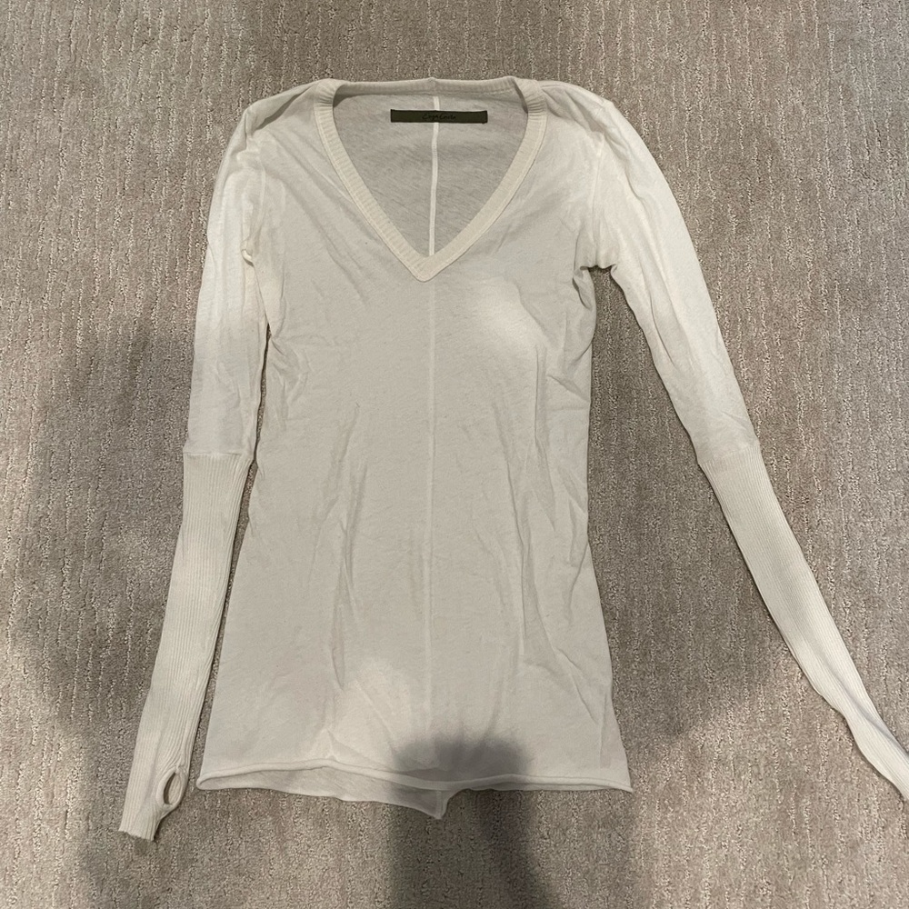 Enza Costa Cashmere Long Sleeve Cuffed V-Neck Top with Thumbholes